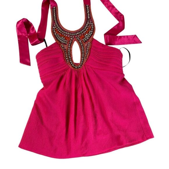 Bebe XS Hot Pink halter top bling rhinestone/ beads silk fabric ties @ neck - Picture 4 of 8